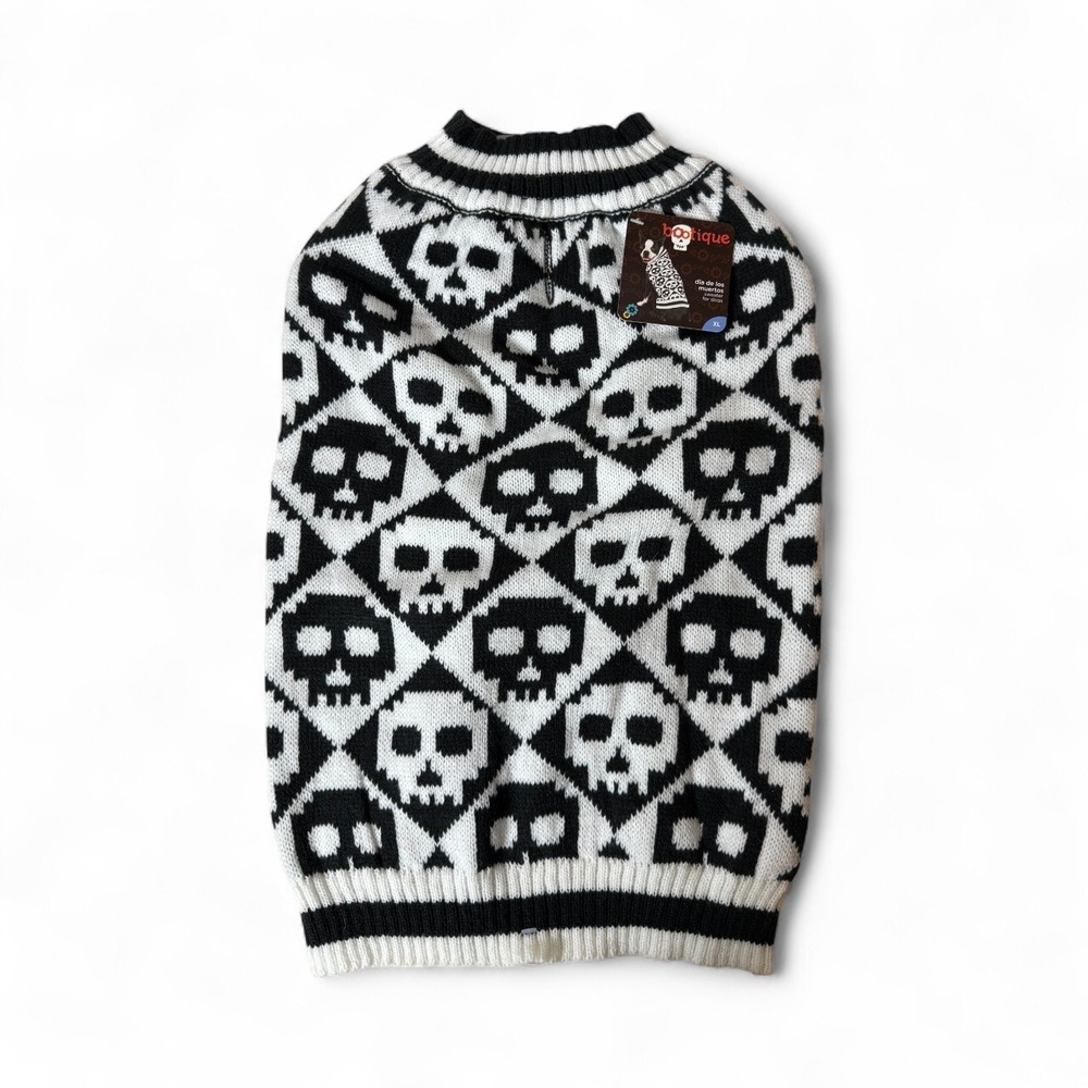 Bootique Dia De Los Muertos Skull Dog Sweater Halloween Black White XL NEW